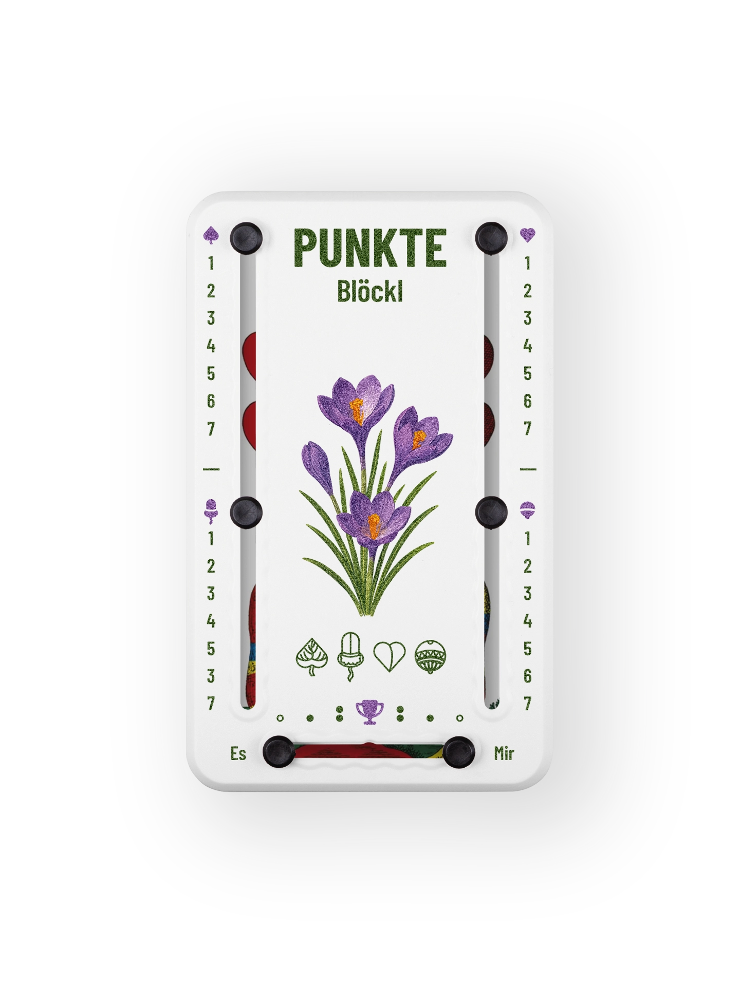 Punkteblöckl bis jeweils 7 Punkte in Kunststoff weiß  und schwarzen Pins - mit Krokus Motiv auf transparenten Hintergrund.