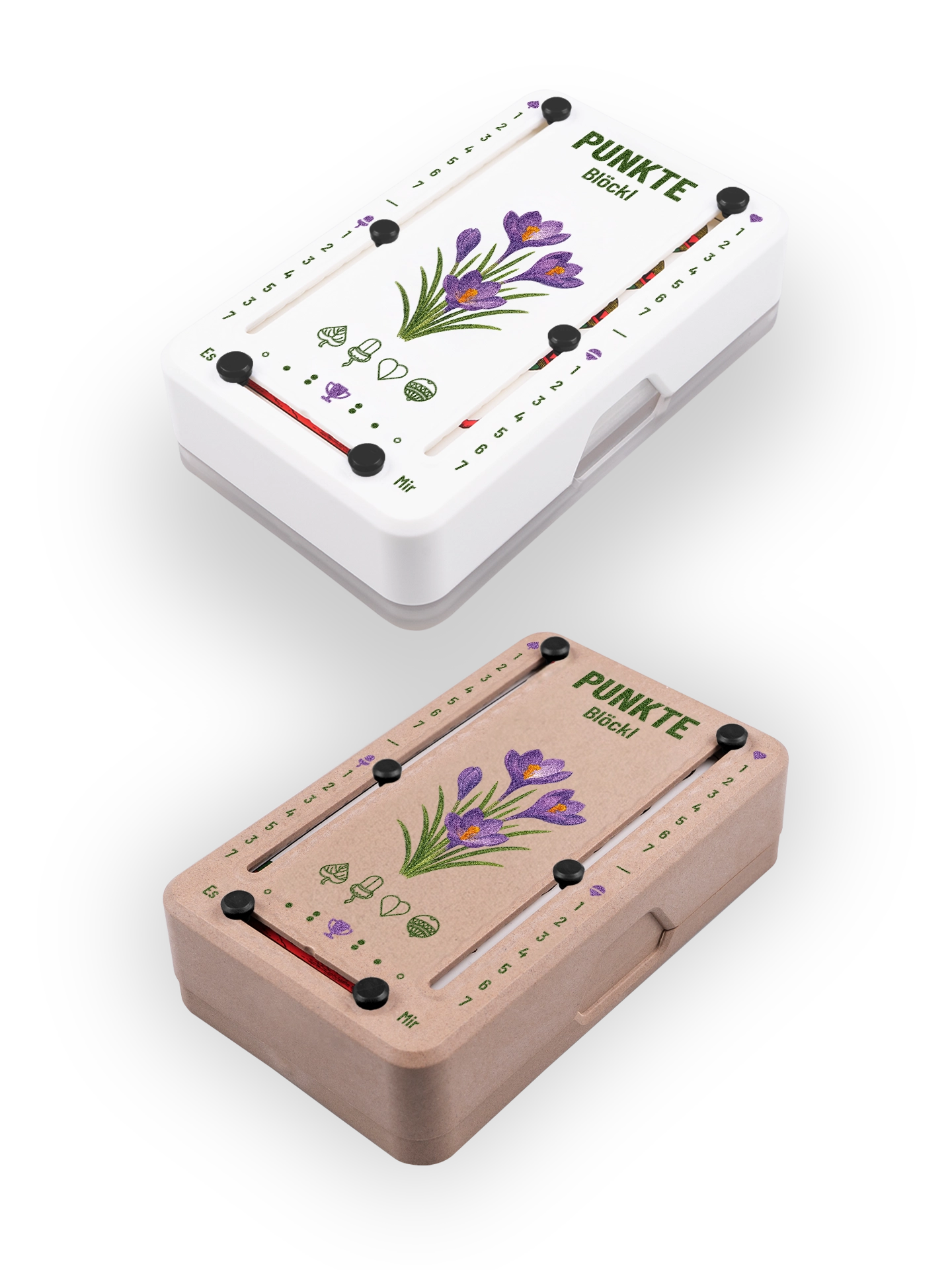 Zwei Punkteblöckl (perspektivisch fotografiert) in Kunststoff weiß und Holzoptik mit Motiv Krokus.