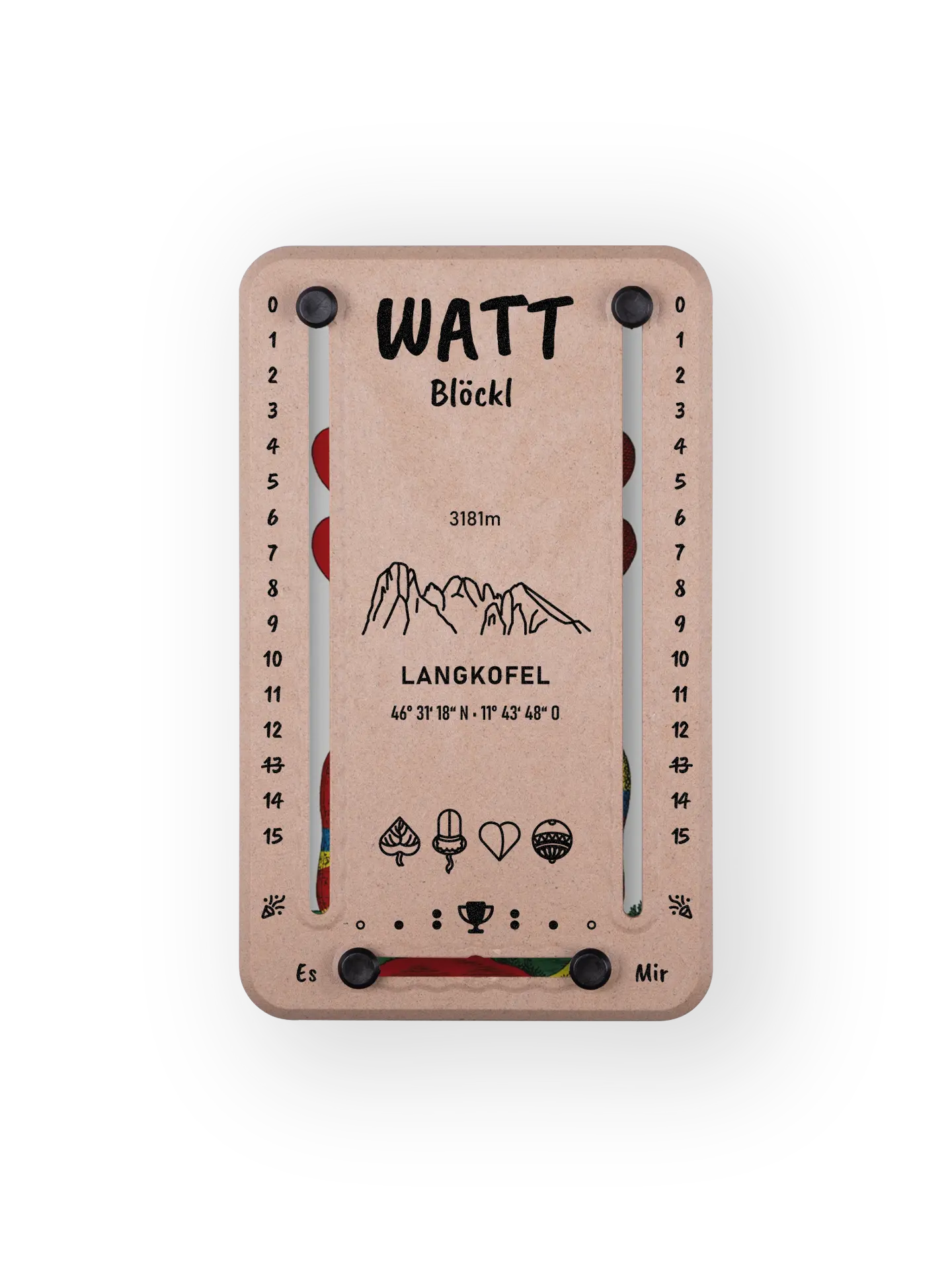 Wattblöckl bis 15 Punkte in Holzoptik und schwarzen Pins - mit Langkofel Motiv auf transparenten Hintergrund.