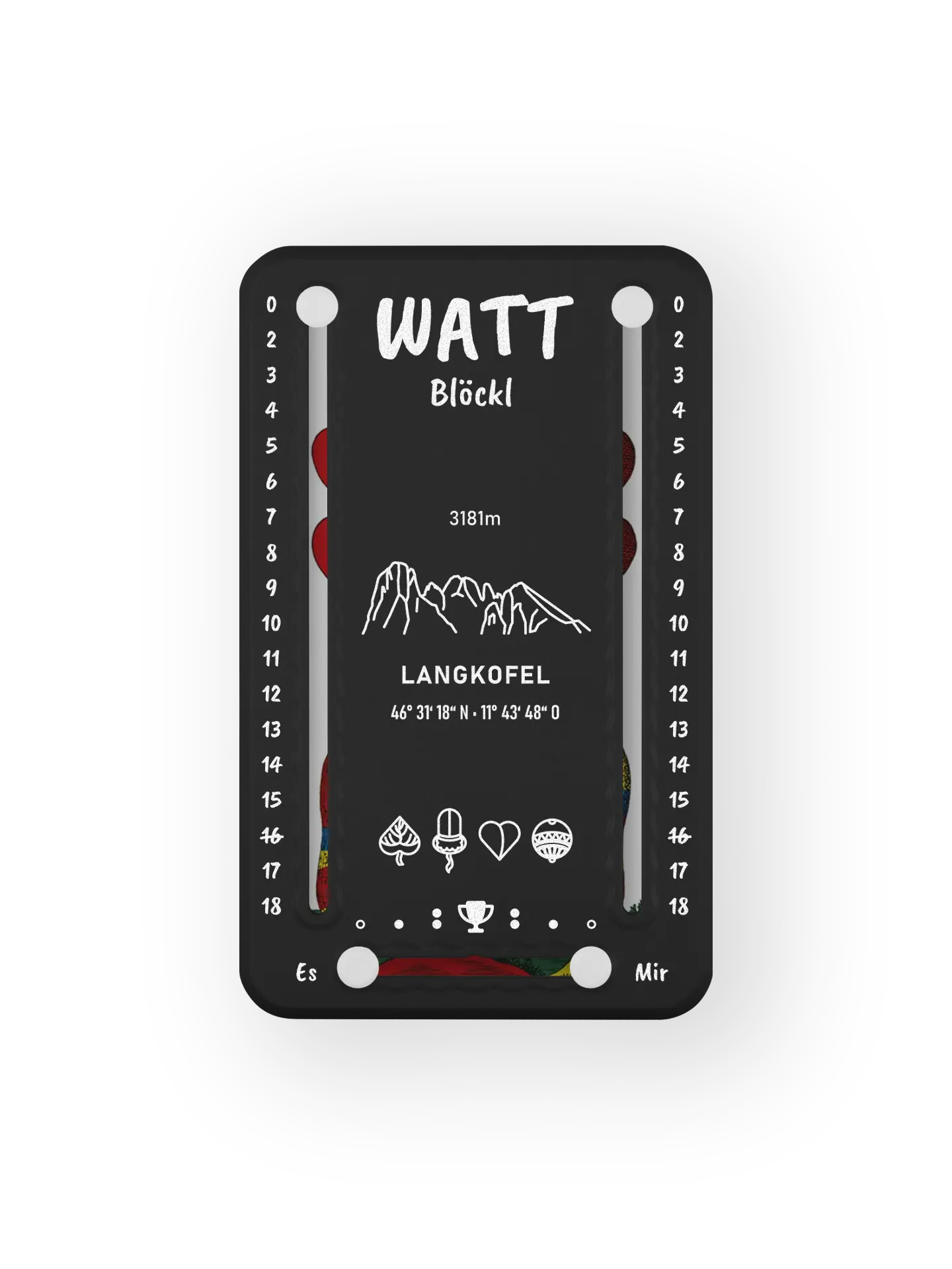 Wattblöckl bis 18 Punkte in Kunststoff schwarz und weissen Pins - mit Langkofel Motiv auf transparenten Hintergrund.