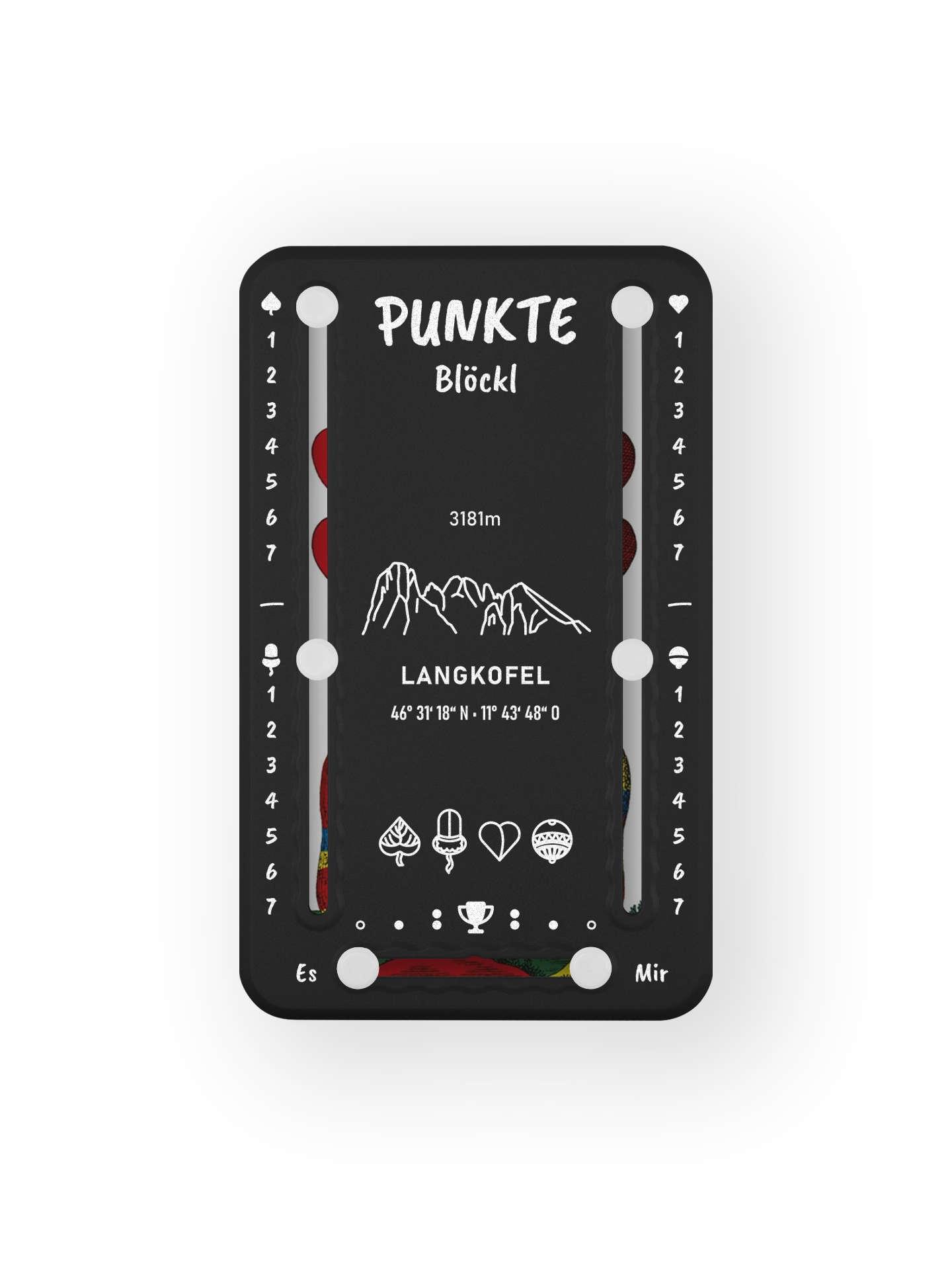 Punkteblöckl bis jeweils 7 Punkte in Kunststoff schwarz und weissen Pins - mit Langkofel Motiv auf transparenten Hintergrund.