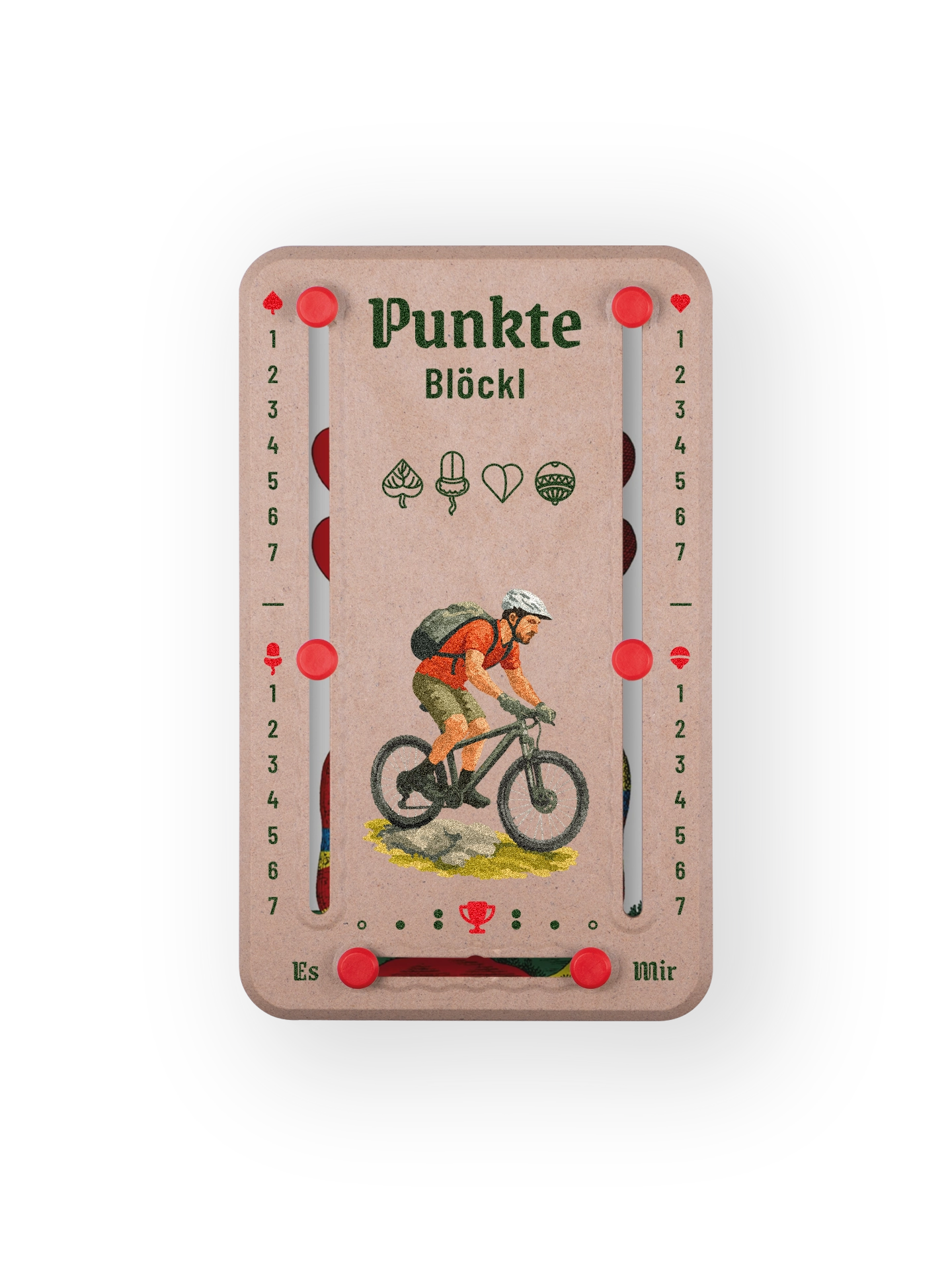 Punkteblöckl bis jeweils 7 Punkte in Holzoptik  und roten Pins - mit Mountainbiker Motiv auf transparenten Hintergrund. 