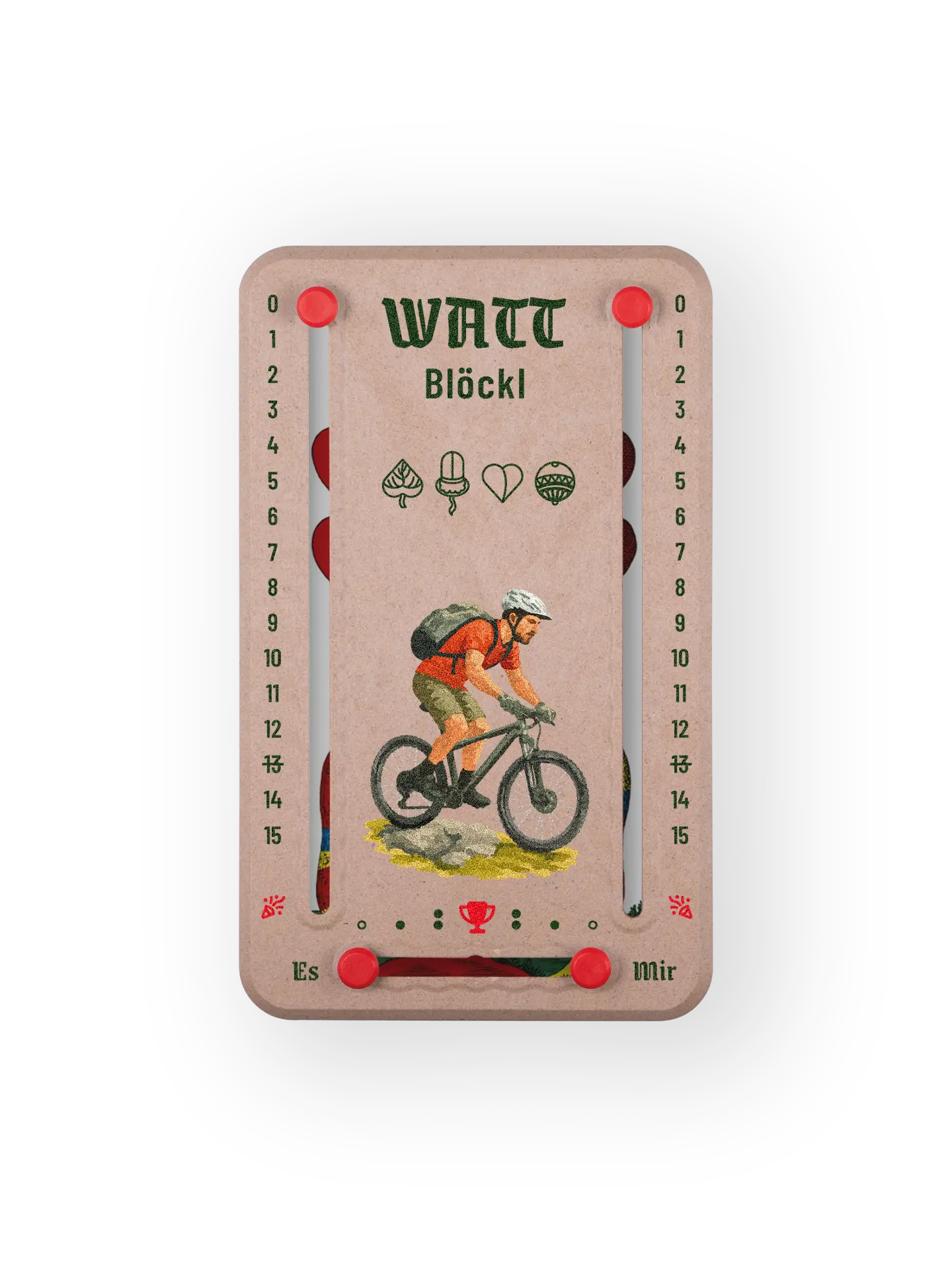 Wattblöckl bis 18 Punkte in Holzoptik und roten Pins - mit Mountainbiker Motiv auf transparenten Hintergrund.