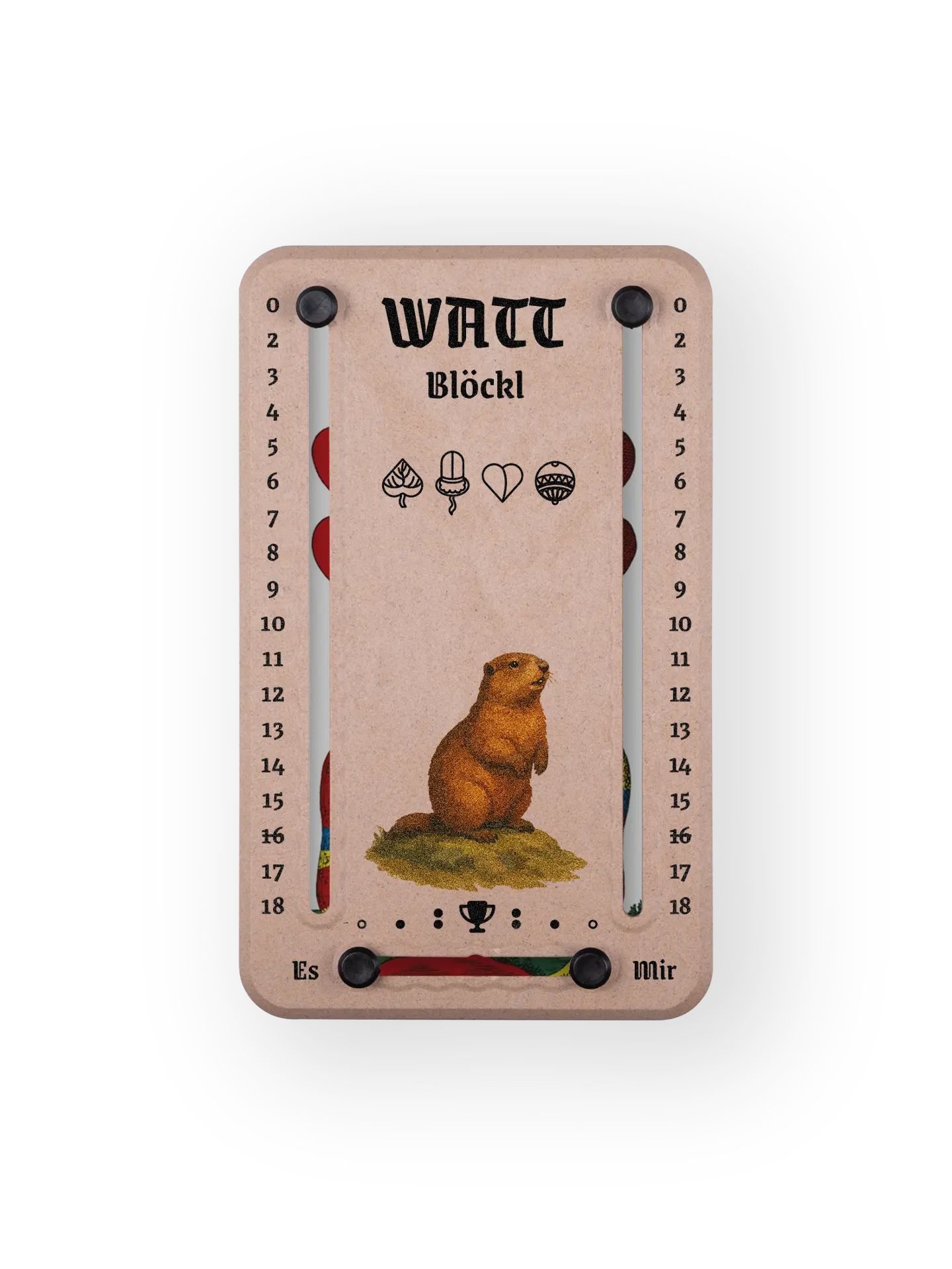 Wattblöckl bis 18 Punkte in Holzoptik und schwarzen Pins - mit Murmeltier Motiv auf transparenten Hintergrund.