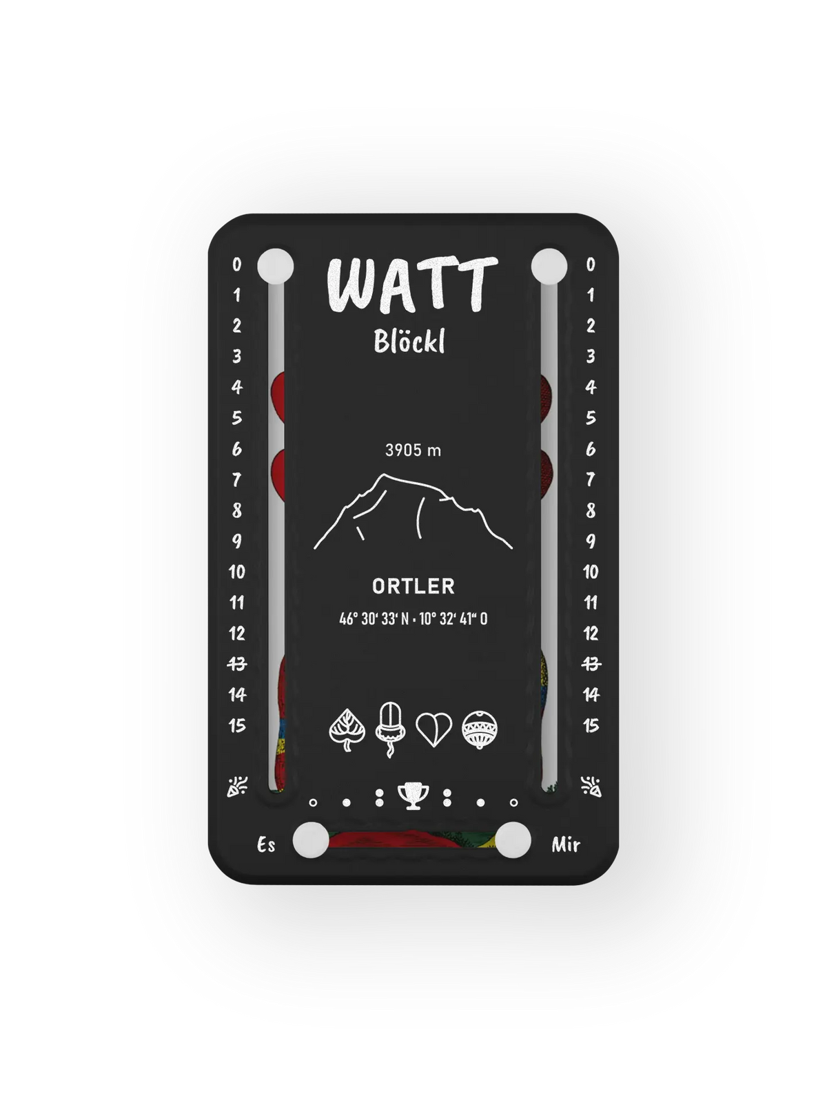 Wattblöckl bis 15 Punkte in Kunststoff schwarz und weissen Pins - mit Ortler Motiv auf transparenten Hintergrund.