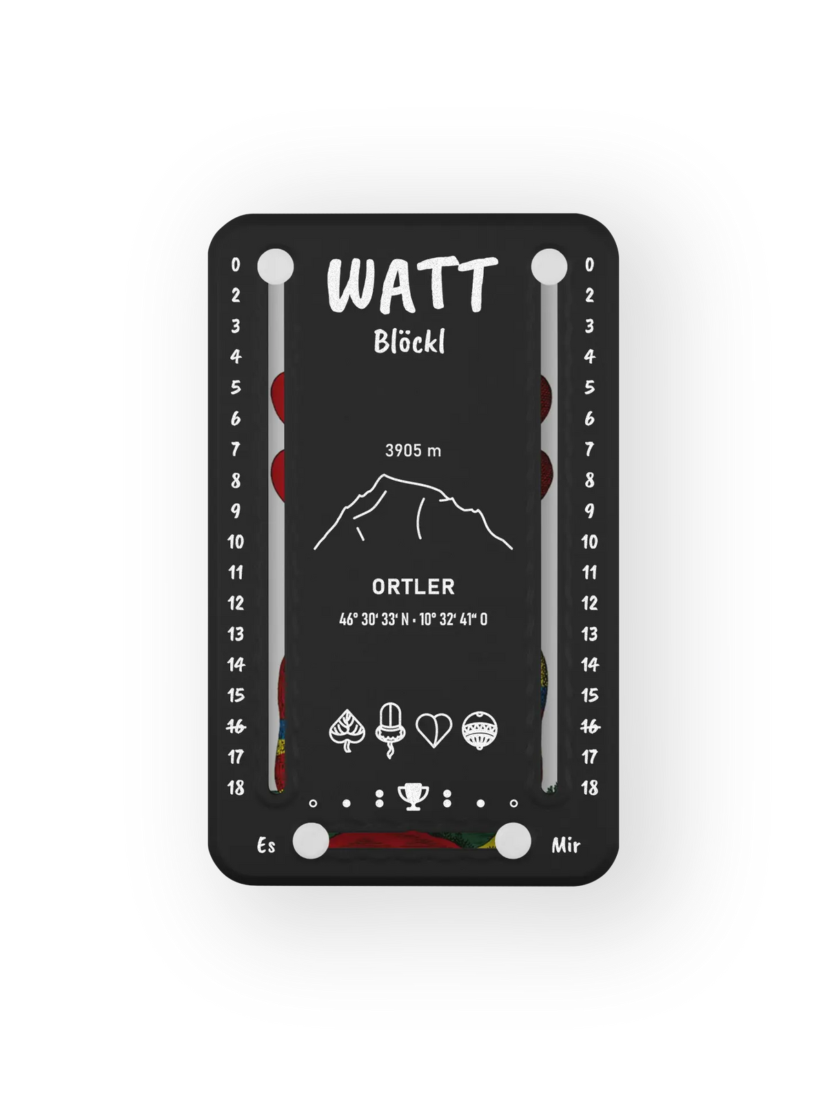 Wattblöckl bis 18 Punkte in Kunststoff schwarz und weissen Pins - mit Ortler Motiv auf transparenten Hintergrund.