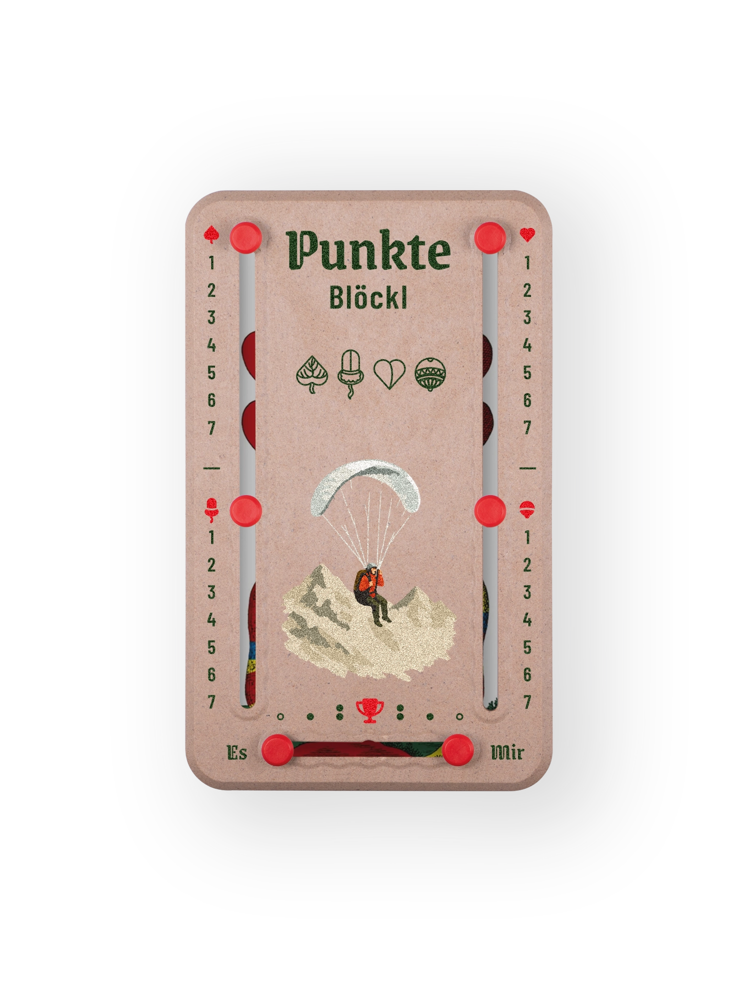 Punkteblöckl bis jeweils 7 Punkte in Holzoptik  und roten Pins - mit Paragleiter Motiv auf transparenten Hintergrund.