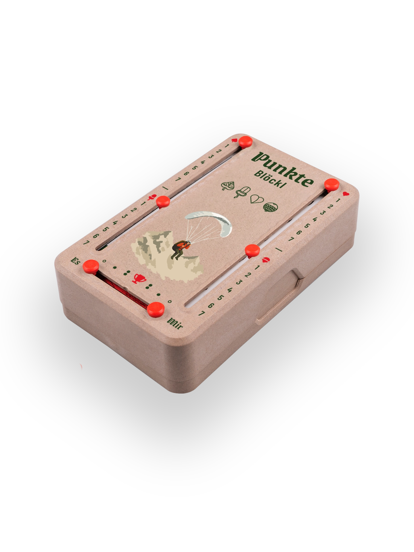 Punkteblöckl (perspektivisch fotografiert) in Holzoptik mit Motiv Paragleiter.