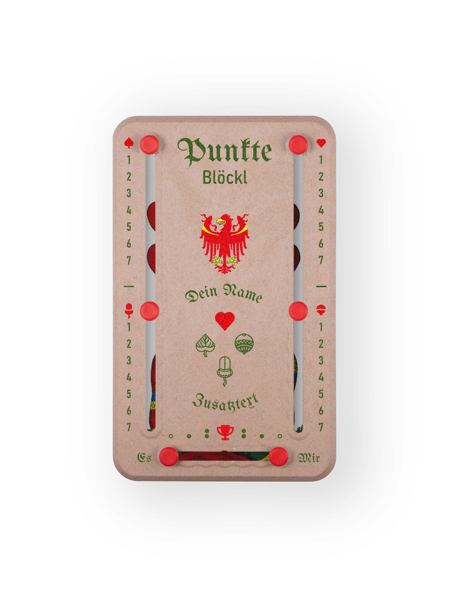 Punkteblöckl in Holzoptik mit Suedtirol-Motiv und individueller Namens-Personalisierung