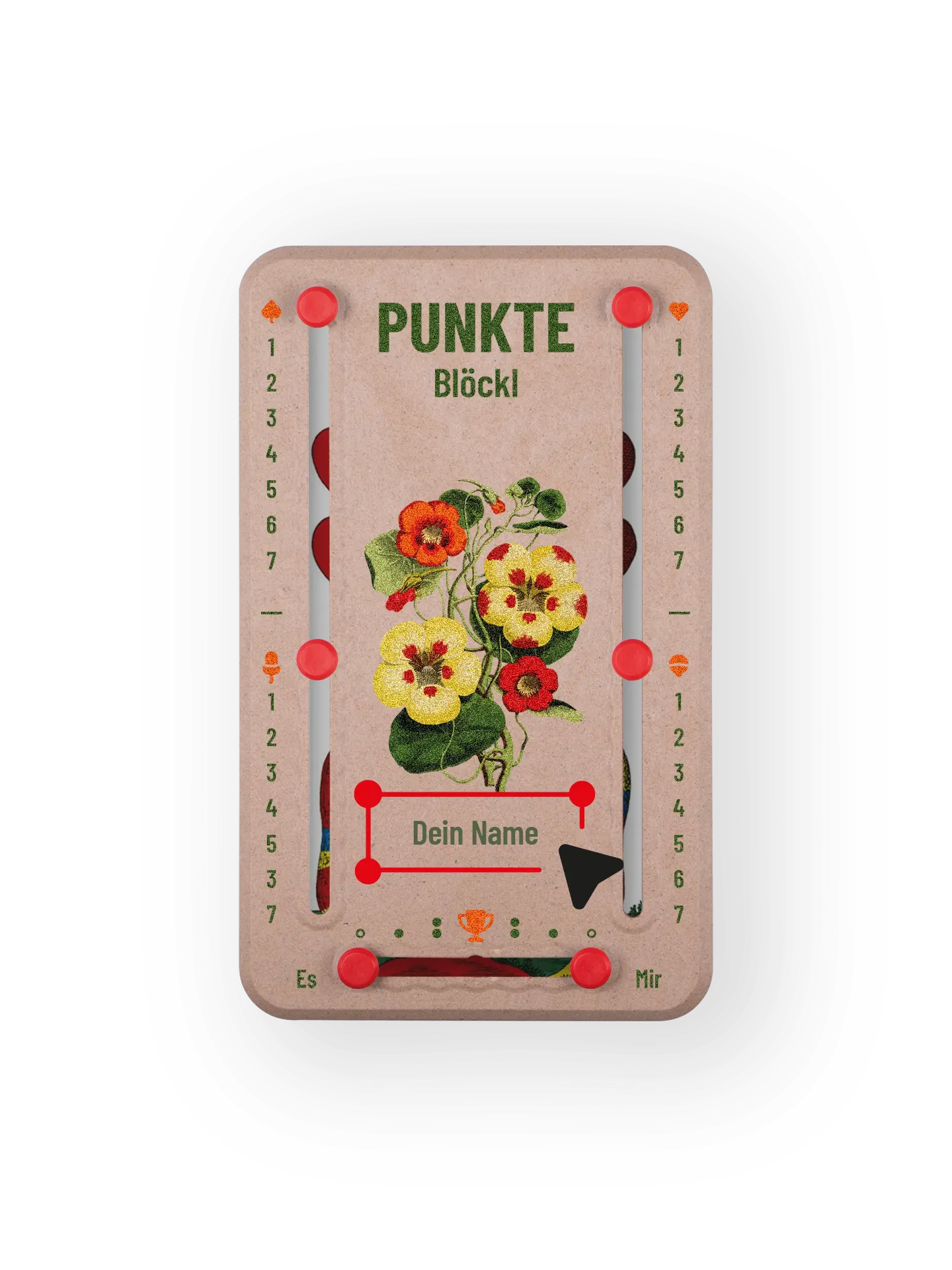 Punkteblöckl in Holzoptik mit Bluetenblatt-Motiv und individueller Namens-Personalisierung