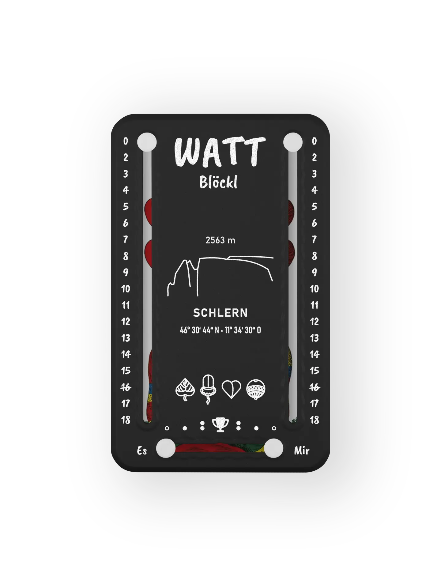 Wattblöckl bis 18 Punkte in Kunststoff schwarz und weissen Pins - mit Schlern Motiv auf transparenten Hintergrund.