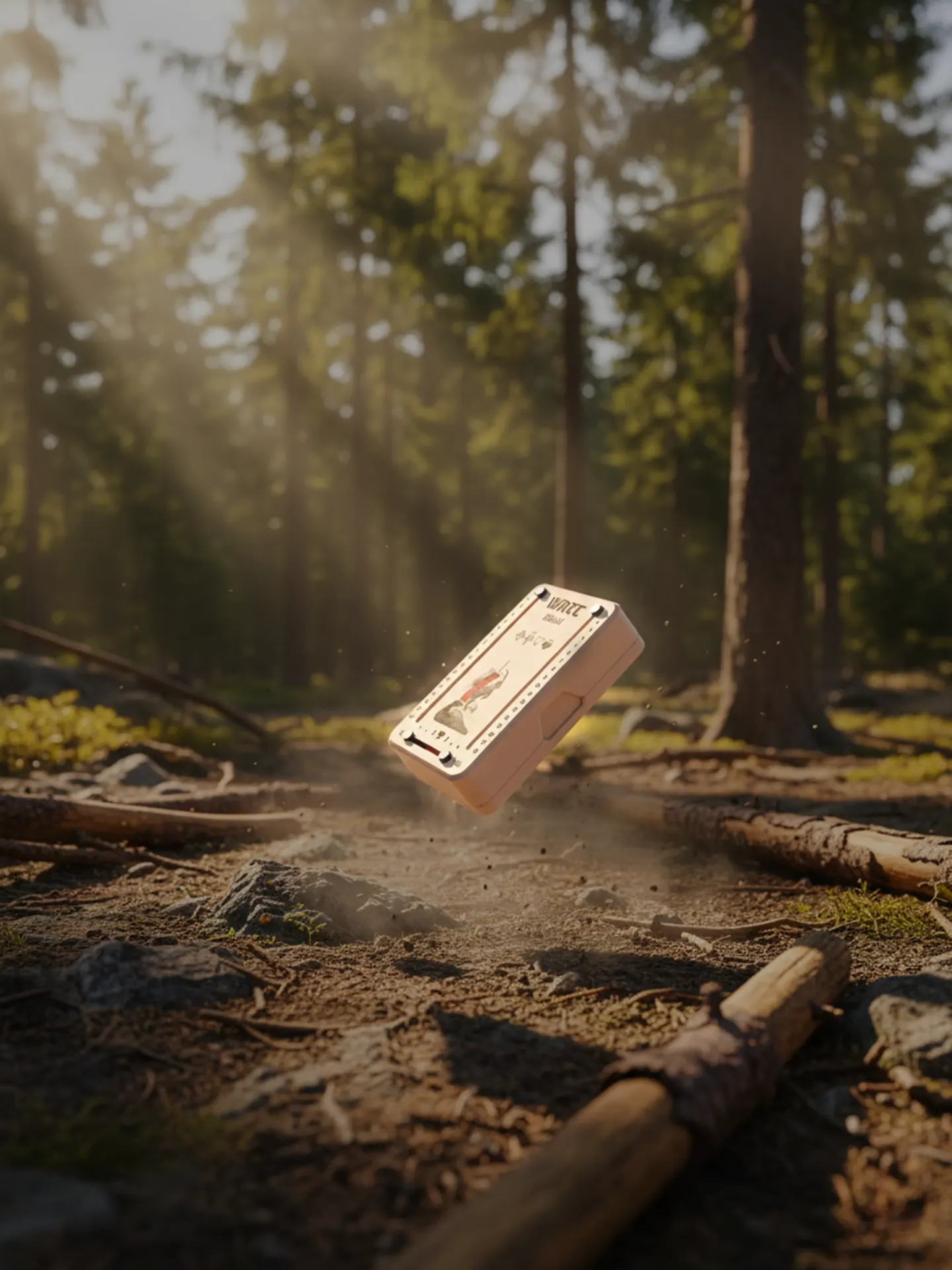Wattbloeckl schwebt inmitten der Natur, während ein Lichtstrahl auf ihn fällt.