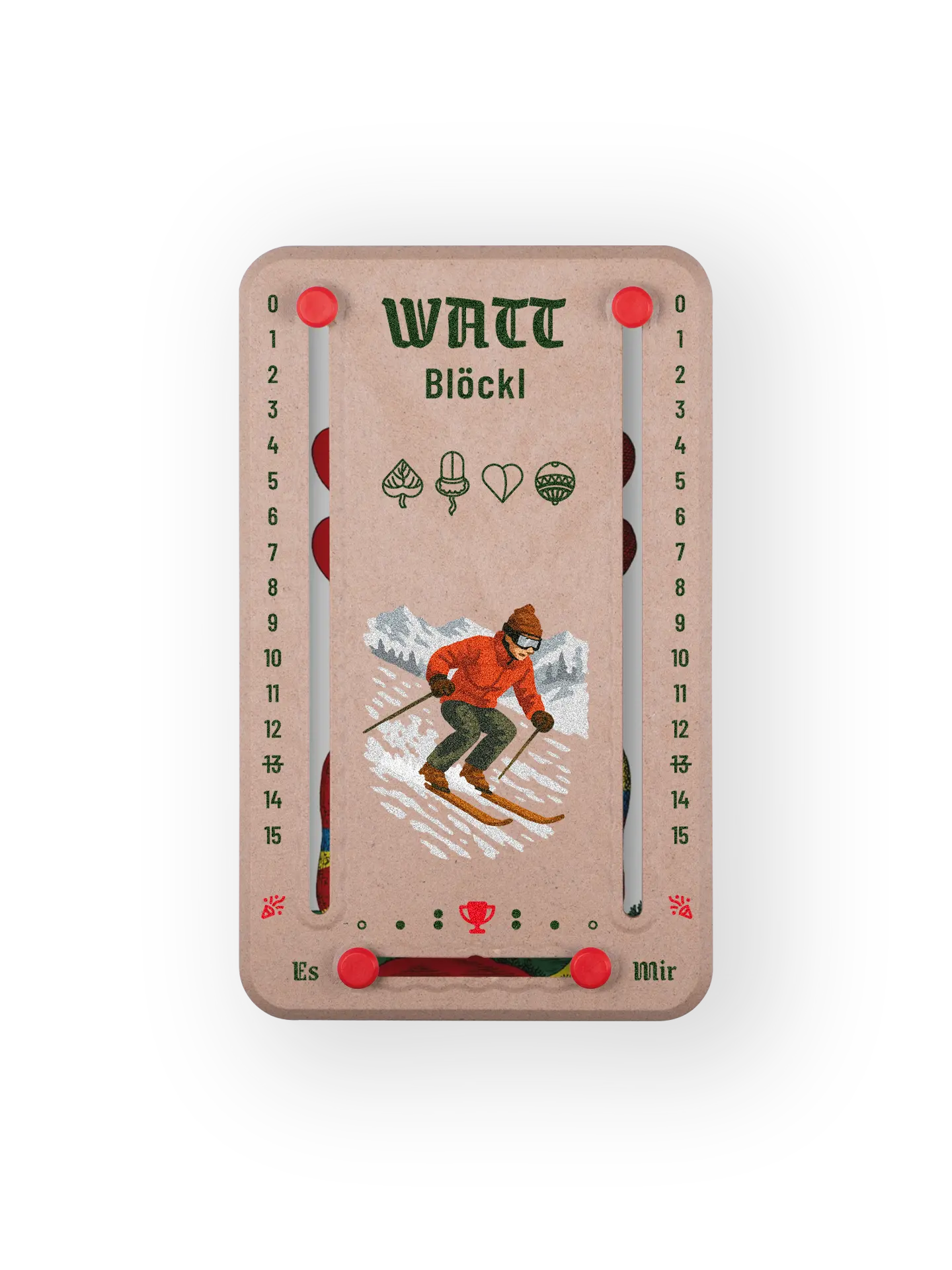 Wattblöckl bis 15 Punkte in Holzoptik und roten Pins - mit Skifahrer Motiv auf transparenten Hintergrund.