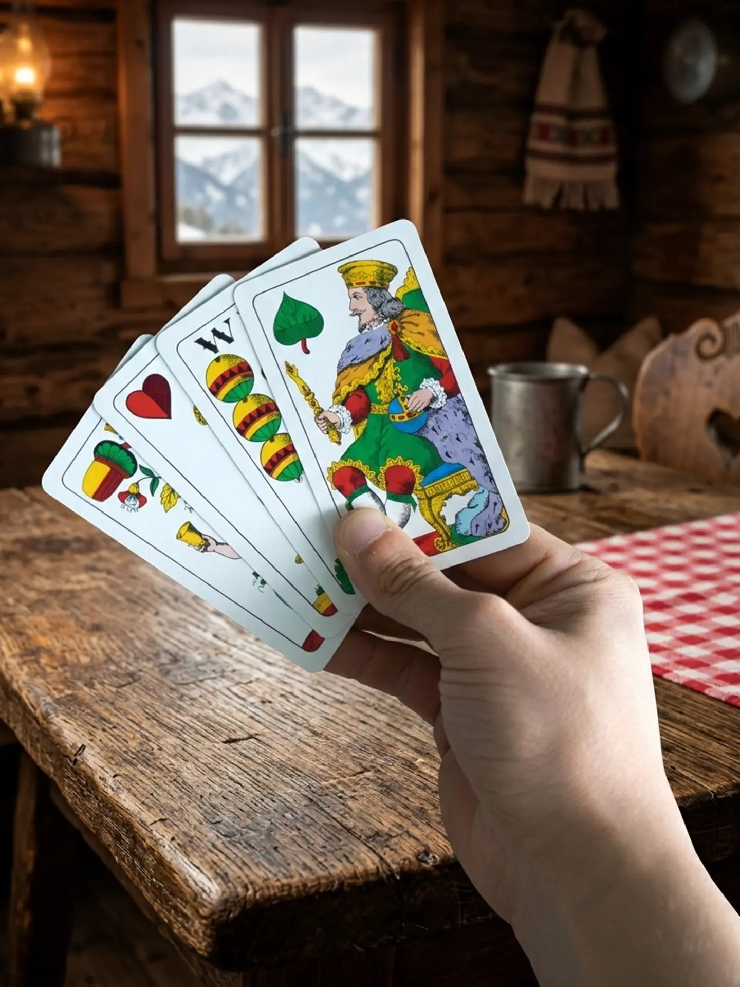 Salzbuger Spielkarten in der Hand in einer rustikalen Almhütte.