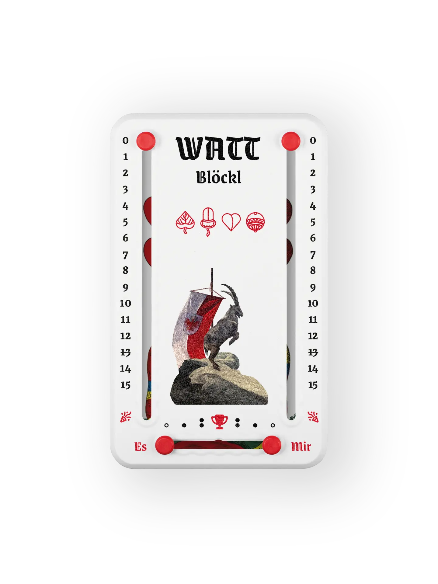 Wattblöckl bis 15 Punkte in Kunststoff weiß  und roten Pins - mit Steinbock Motiv auf transparenten Hintergrund.