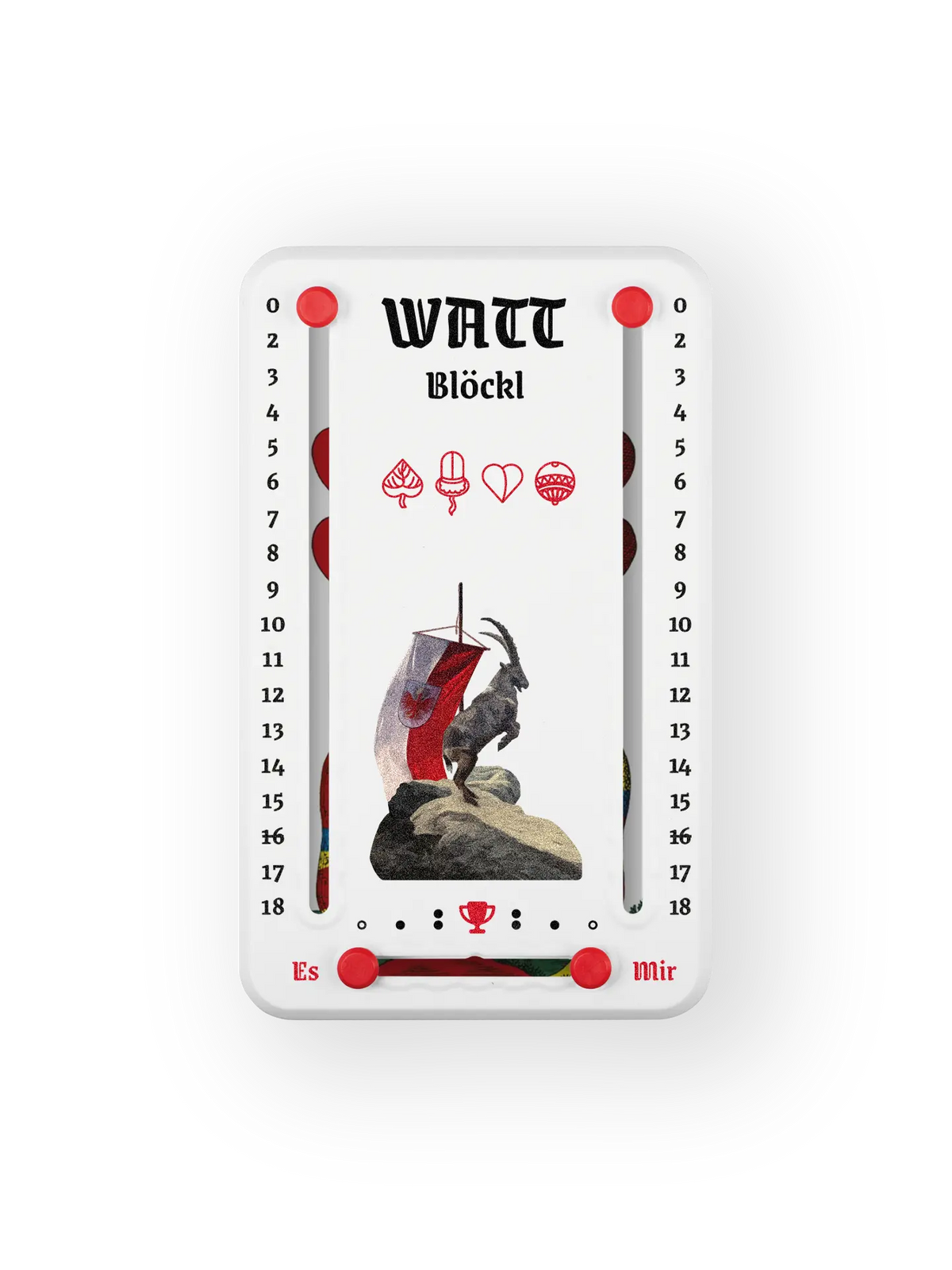 Wattblöckl bis 18 Punkte in Kunststoff weiß  und roten Pins - mit Steinbock Motiv auf transparenten Hintergrund.