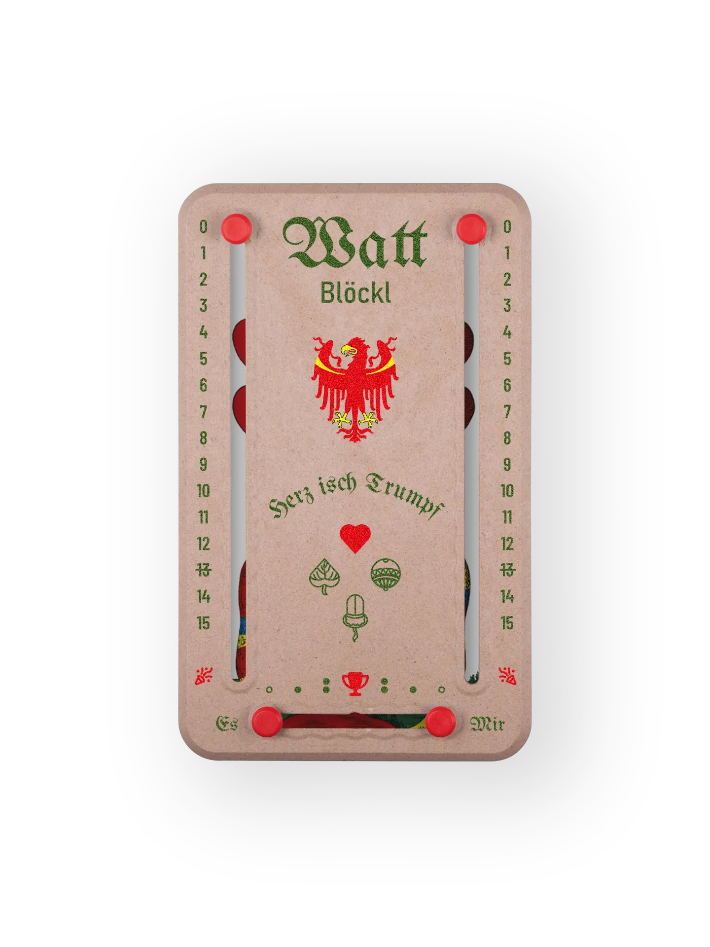 Wattblöckl bis 15 Punkte in Holzoptik und schwarzen Pins - mit Suedtirol Motiv auf transparenten Hintergrund.