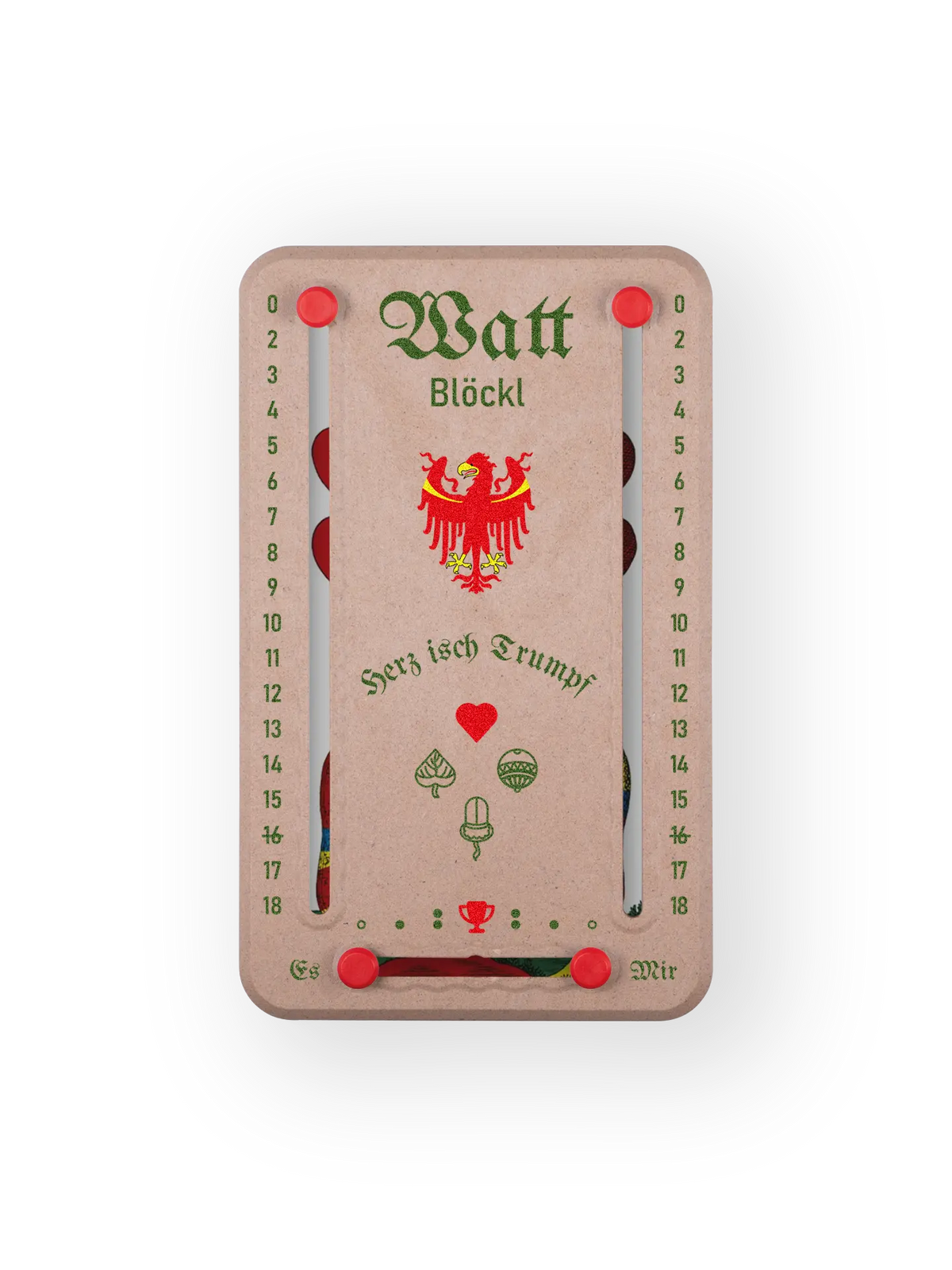 Wattblöckl bis 18 Punkte in Holzoptik und roten Pins - mit Suedtirol Motiv auf transparenten Hintergrund.