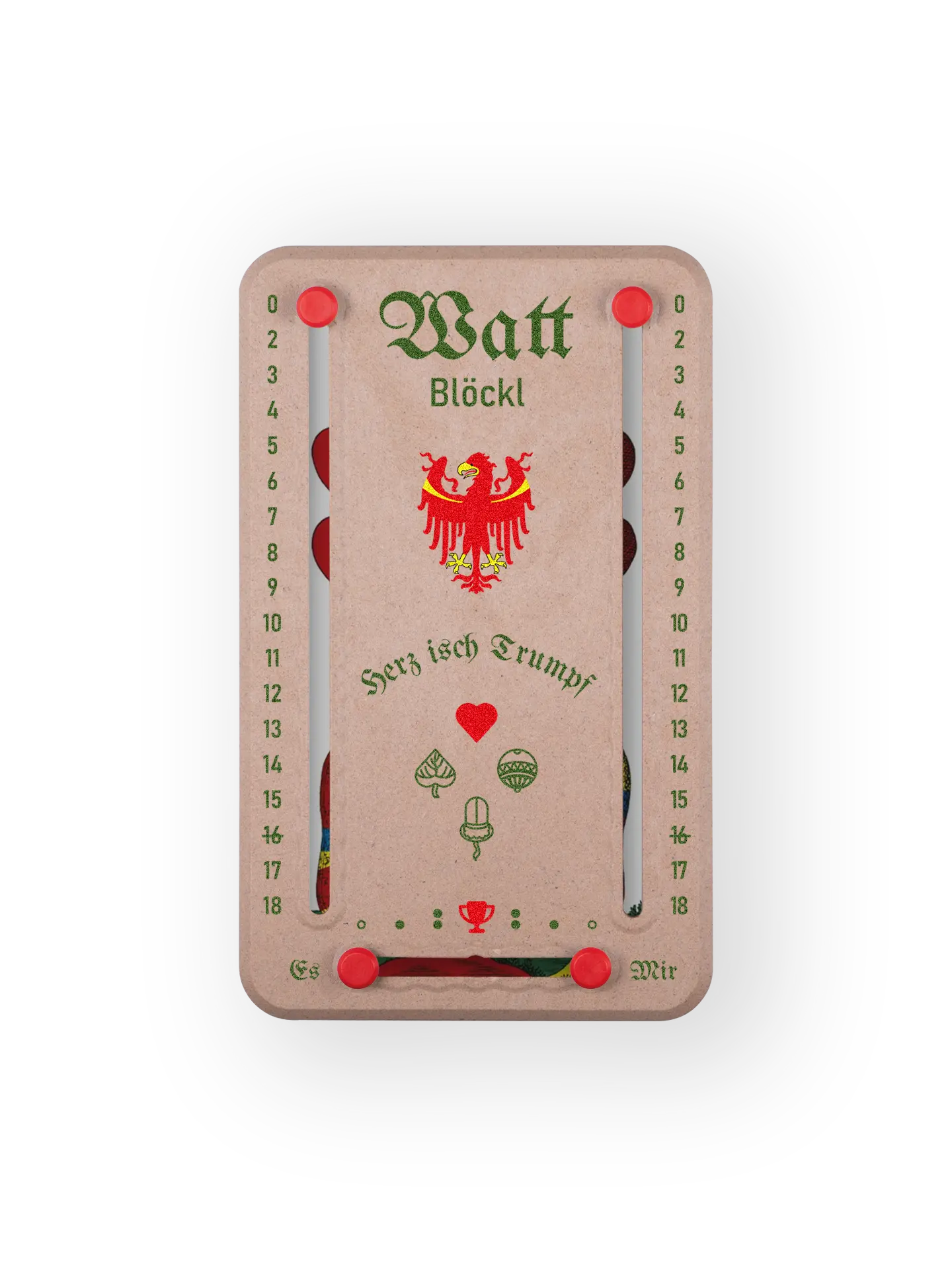 Wattblöckl bis 18 Punkte in Holzoptik und roten Pins - mit Suedtirol Motiv auf transparenten Hintergrund.