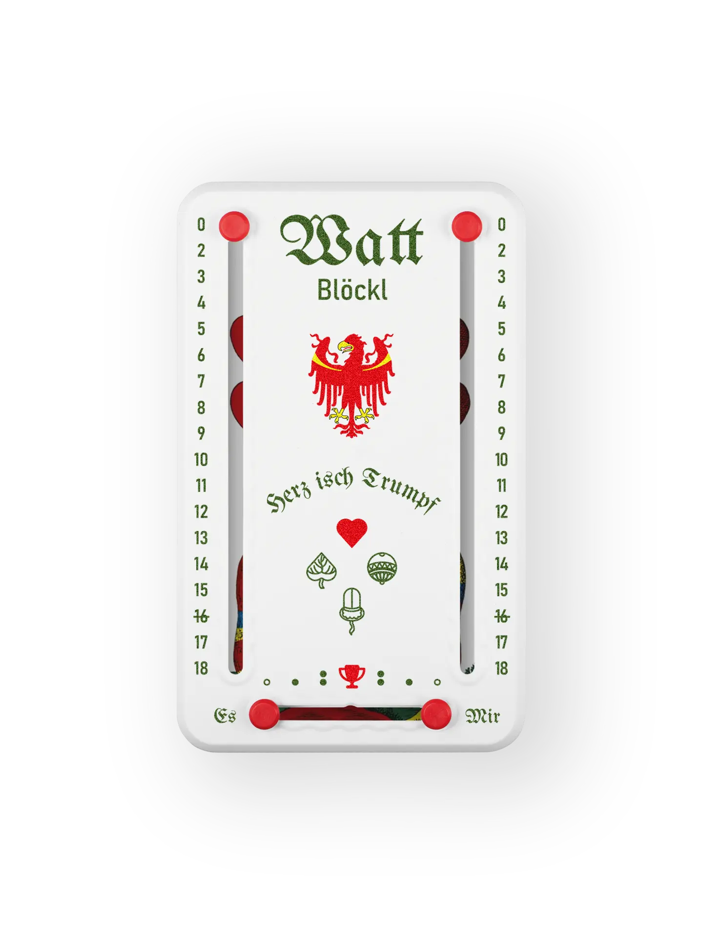 Wattblöckl bis 18 Punkte in Kunststoff weiß  und roten Pins - mit Suedtirol Motiv auf transparenten Hintergrund.