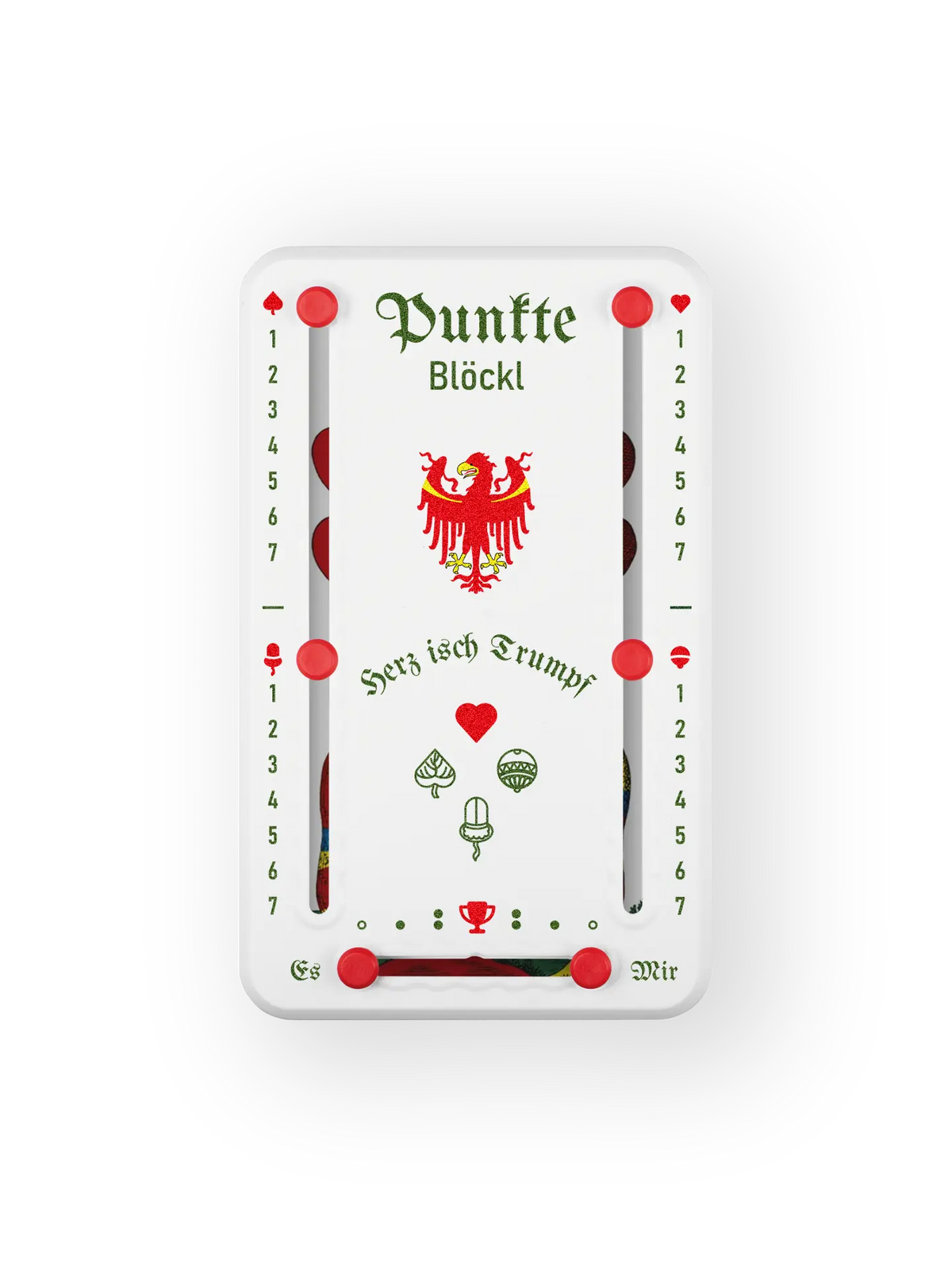 Punkteblöckl bis jeweils 7 Punkte in Kunststoff weiß  und roten Pins - mit Suedtirol Motiv auf transparenten Hintergrund.