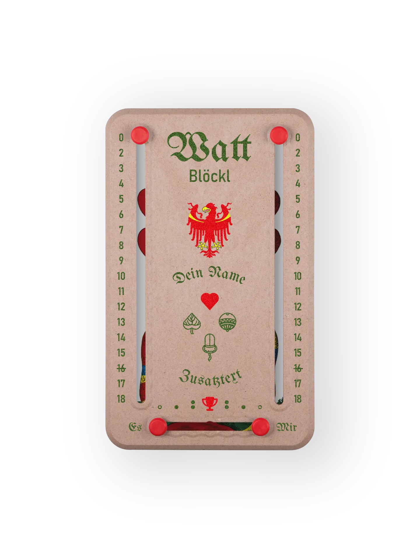 Wattblöckl in Holzoptik mit Suedtirol-Motiv und individueller Namens-Personalisierung
