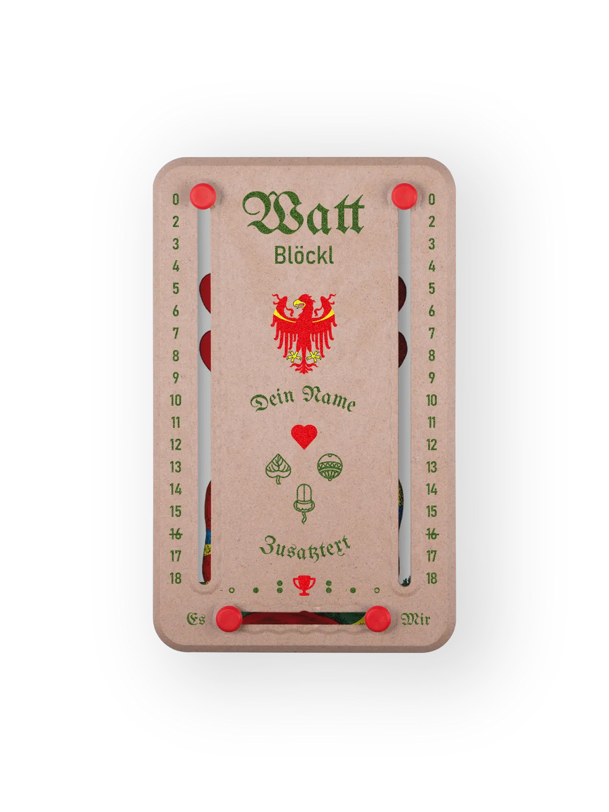 Wattblöckl in Holzoptik mit Suedtirol-Motiv und individueller Namens-Personalisierung