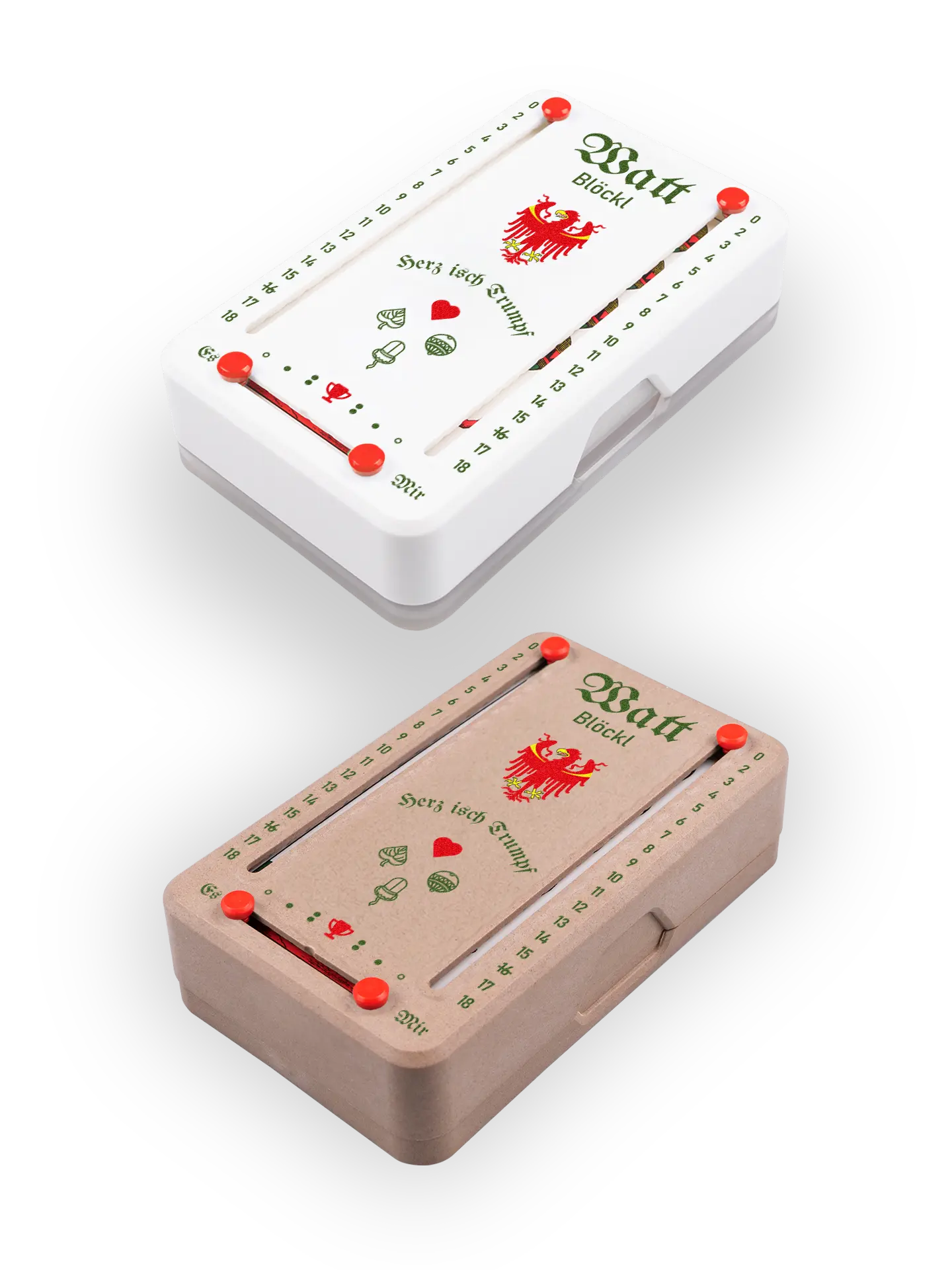 Zwei Wattblöckl (perspektivisch fotografiert) in Kunststoff weiß und Holzoptik mit Motiv Suedtirol.