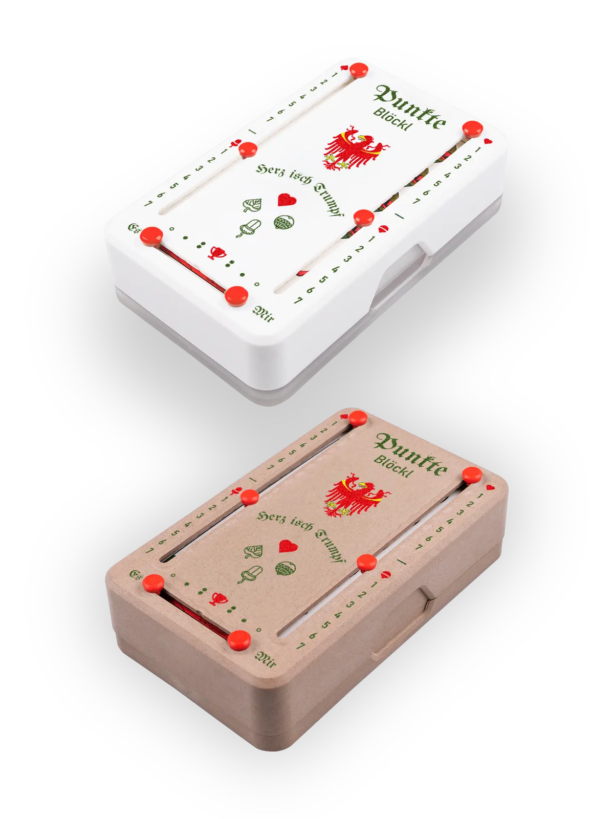 Zwei Punkteblöckl (perspektivisch fotografiert) in Kunststoff weiß und Holzoptik mit Motiv Suedtirol.