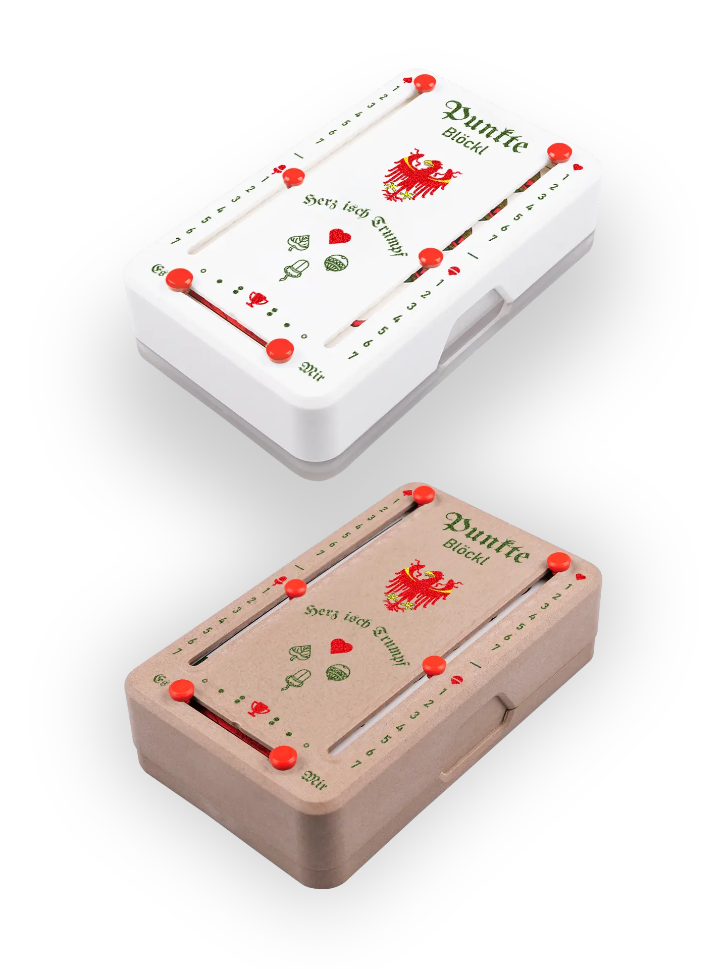 Zwei Punkteblöckl (perspektivisch fotografiert) in Kunststoff weiß und Holzoptik mit Motiv Suedtirol.