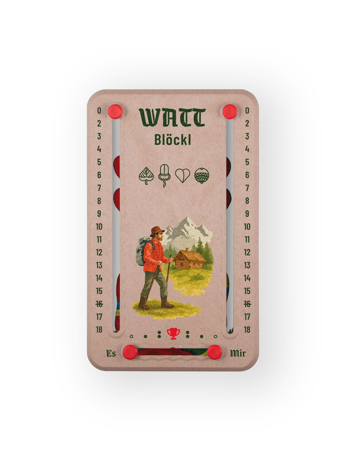 Wattblöckl bis 18 Punkte in Holzoptik und roten Pins - mit Wanderer Motiv auf transparenten Hintergrund.