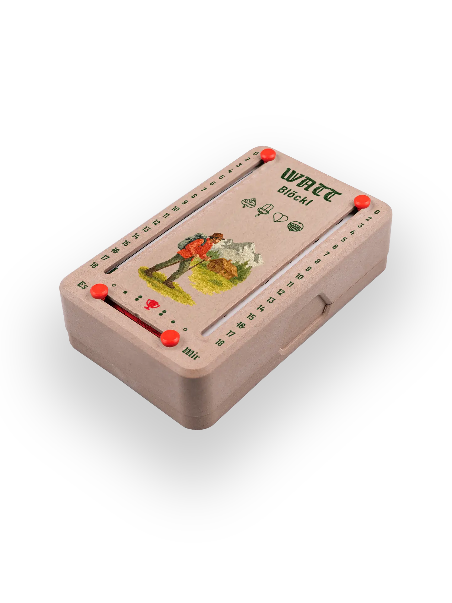 Wattblöckl (perspektivisch fotografiert) in Holzoptik mit Motiv Wanderer.